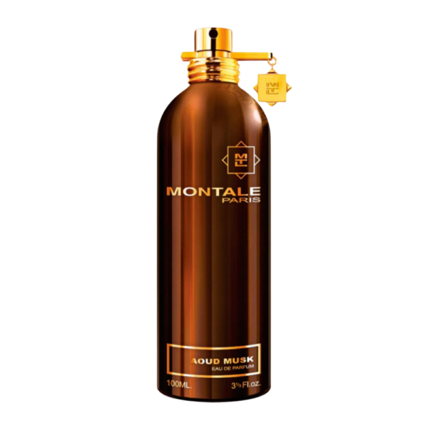 Montale Aoud Musk EDP 100ml bottle set against a rich, woody background, highlighting saffron and vetiver notes.