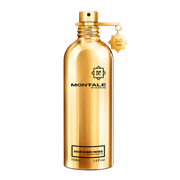 Montale Aoud Queen Roses EDP 100ml bottle with a royal-inspired background, highlighting rose and oud notes.