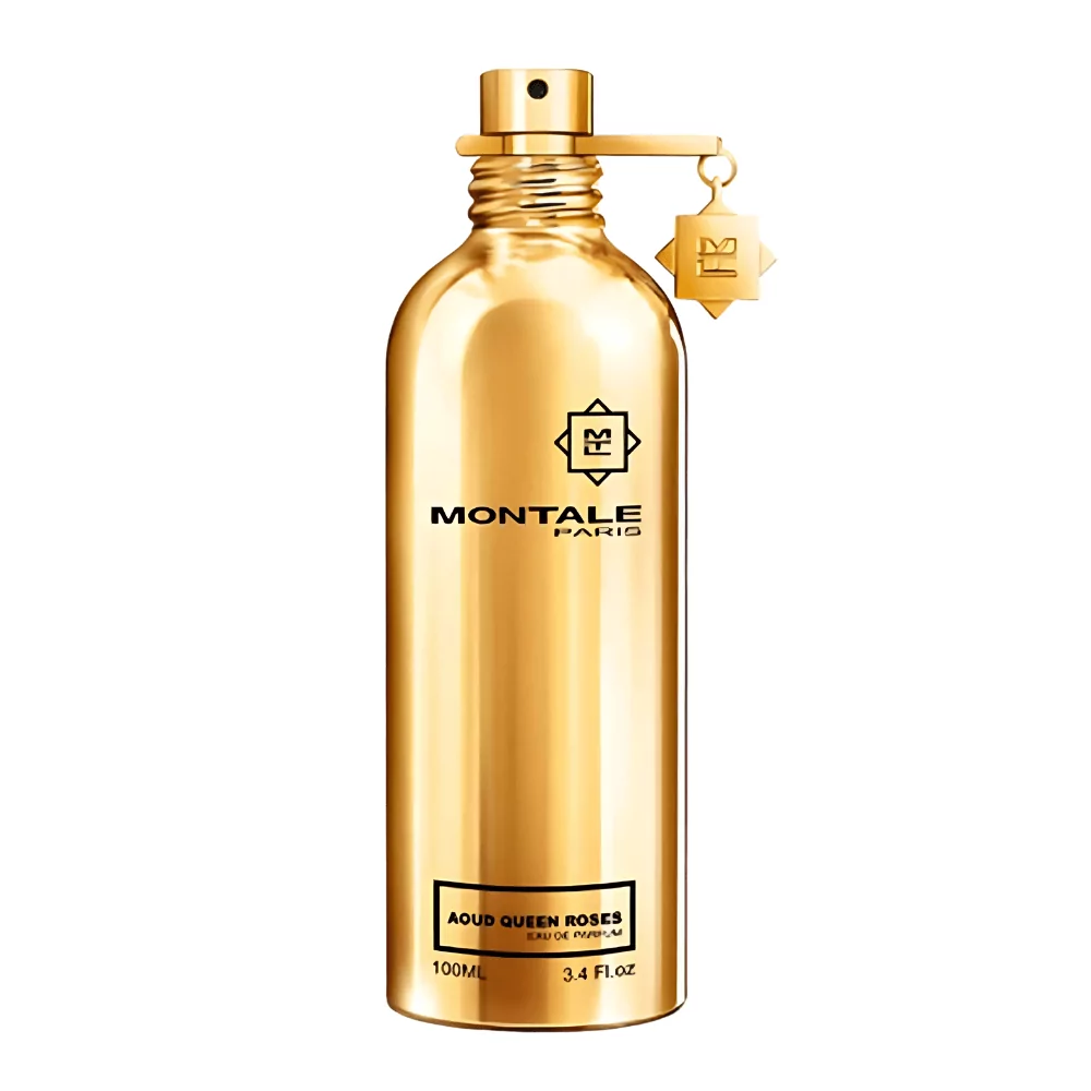 Montale Aoud Queen Roses Edp 100Ml Bottle With A Royal-Inspired Background, Highlighting Rose And Oud Notes.