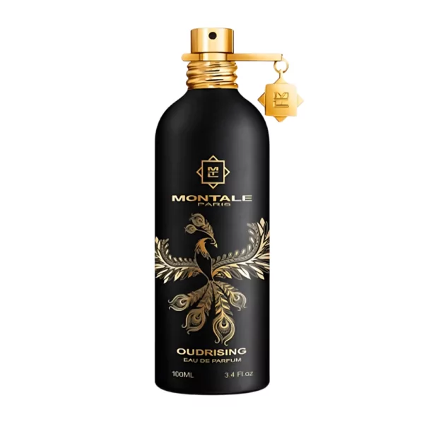 Montale Oud Rising EDP 100ml bottle with a smoky, woody background, highlighting oud and amber notes.