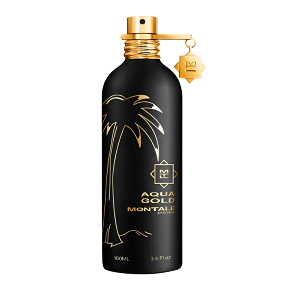 Montale Aqua Gold EDP 100ml bottle with a sunny, floral background, highlighting jasmine and musk notes.