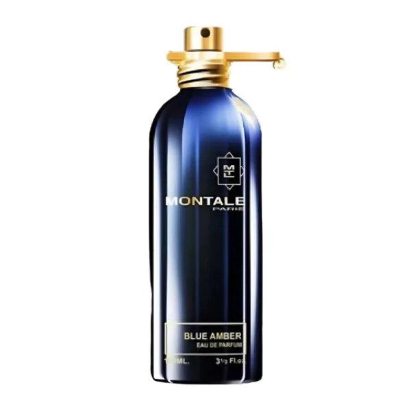 Montale Blue Amber EDP 100ml bottle with a warm, amber-colored background, highlighting amber and patchouli notes.