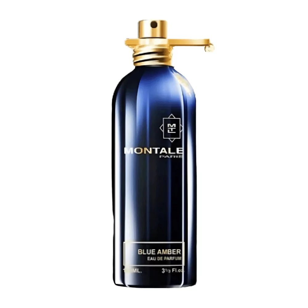 Montale Blue Amber Edp 100Ml Bottle With A Warm, Amber-Colored Background, Highlighting Amber And Patchouli Notes.