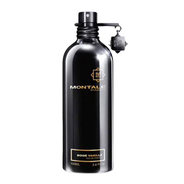 Montale Boise Vanille EDP 100ml bottle with a warm, vanilla-inspired background, highlighting vanilla and patchouli notes.