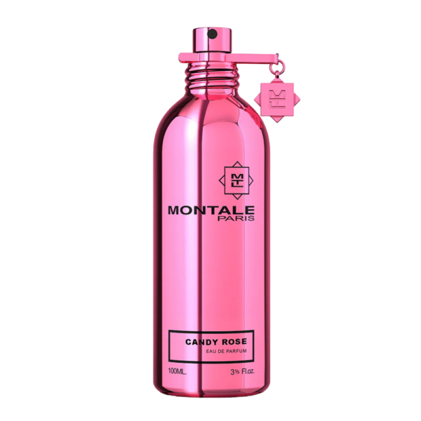 Montale Candy Rose EDP 100ml bottle with a background of fresh red fruits and roses.