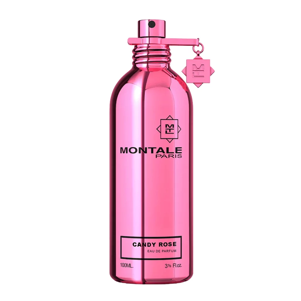 Montale Candy Rose Edp 100Ml Bottle With A Background Of Fresh Red Fruits And Roses.