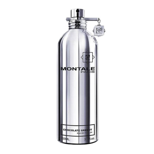 Montale Chocolate Greedy EDP 100ml bottle with a sweet, cocoa background, highlighting chocolate and vanilla notes.