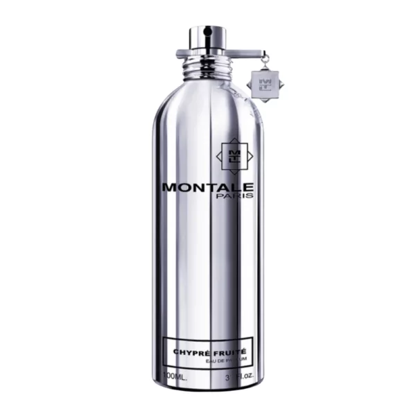 Montale Chypre Fruite EDP 100ml bottle with a bright, tropical background, highlighting bergamot and patchouli notes.