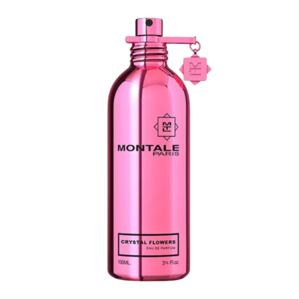 Montale Crystal Flowers EDP 100ml bottle with a soft floral background, highlighting rose and mandarin notes.