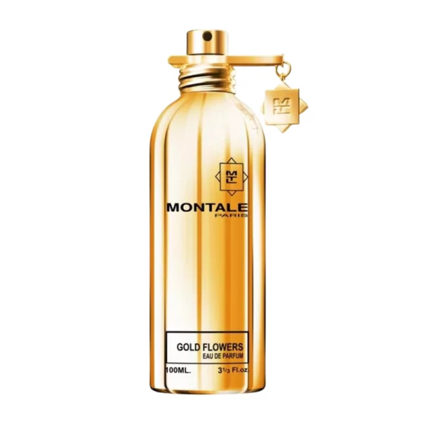 Montale Gold Flowers EDP 100ml bottle with a radiant background, highlighting tuberose and amber notes.