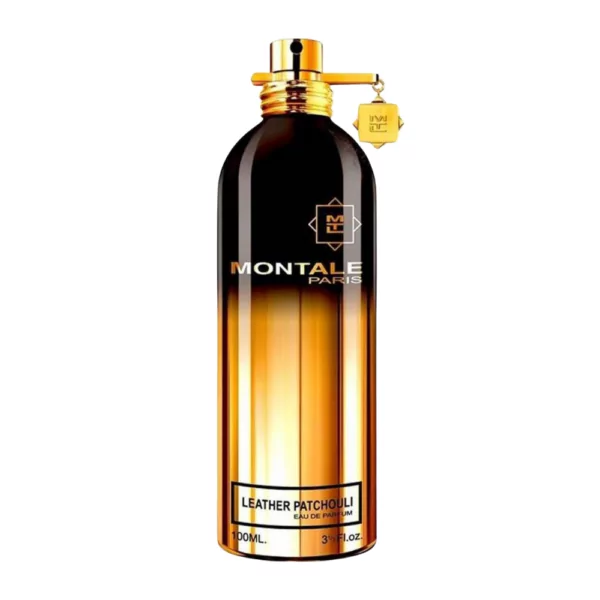 Montale Leather Patchouli EDP 100ml bottle against a warm, earthy background, highlighting notes of leather and patchouli.