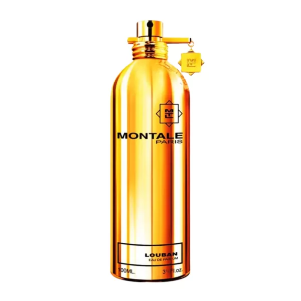 Montale Louban EDP 100ml bottle with a rich, floral-woody background, highlighting rose and oud notes.