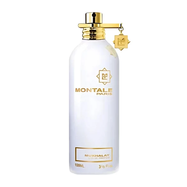 Montale Mukhallat EDP 100ml bottle with a soft, fruity background, highlighting strawberry and almond notes.