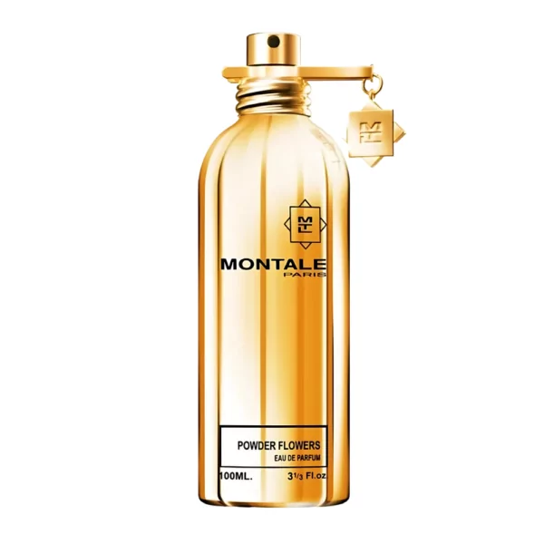 Montale Powder Flowers EDP 100ml bottle with a soft, floral background, highlighting rose and cedar notes.