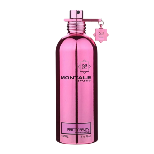 Montale Pretty Fruity EDP 100ml bottle with a vibrant, fruity background, highlighting tropical and citrus notes.