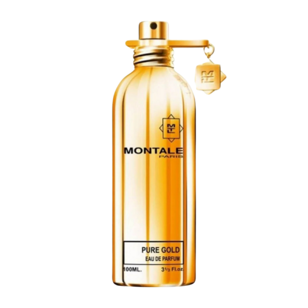 Montale Pure Gold EDP 100ml bottle with a vibrant, floral background, highlighting orange blossom and musk notes.