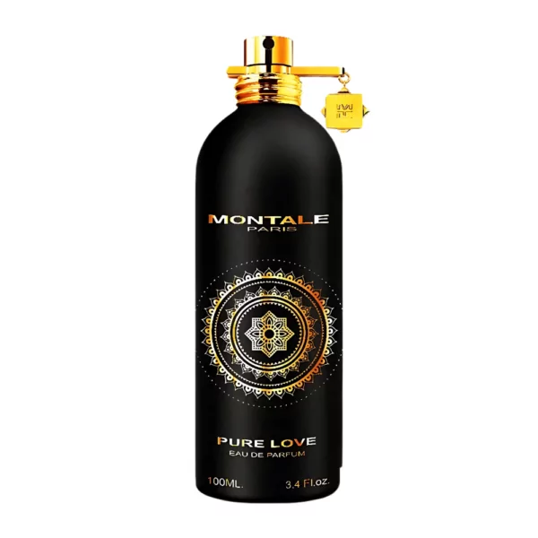 Montale Pure Love EDP 100ml bottle with a warm, floral background, highlighting rose and sandalwood notes.