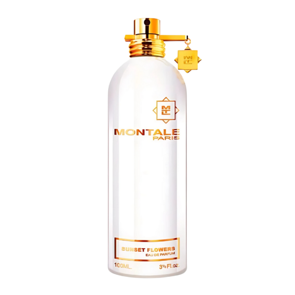 Montale Sunset Flowers EDP Unisex 100ml bottle with a backdrop of fresh green fields and violet blossoms.