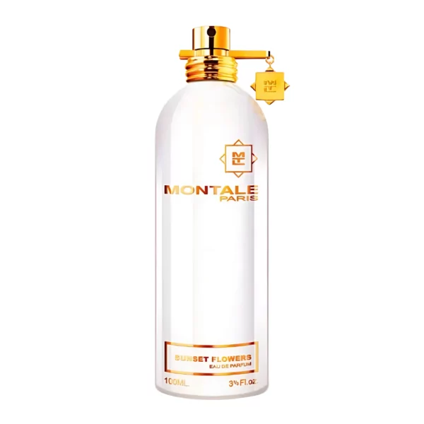 Montale Sunset Flowers EDP Unisex 100ml bottle with a backdrop of fresh green fields and violet blossoms.