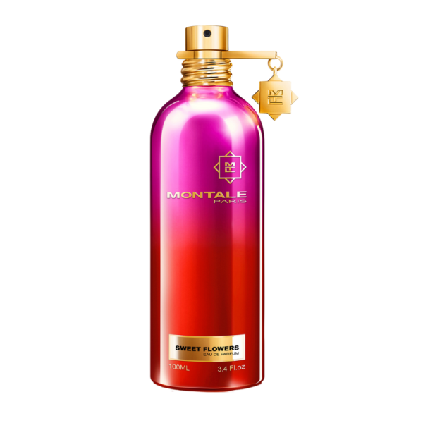 Montale Sweet Flowers EDP 100ml bottle with a soft, floral-sweet background, highlighting tuberose and vanilla notes.