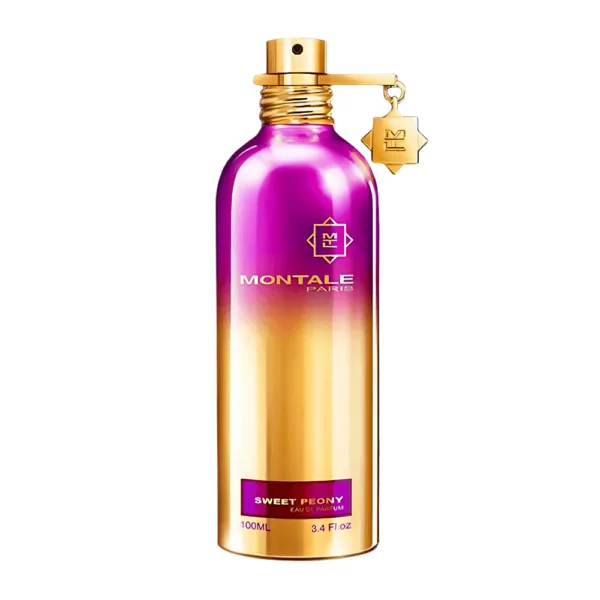 Montale Sweet Peony EDP 100ml bottle set against a soft floral backdrop, highlighting notes of peony and vanilla.