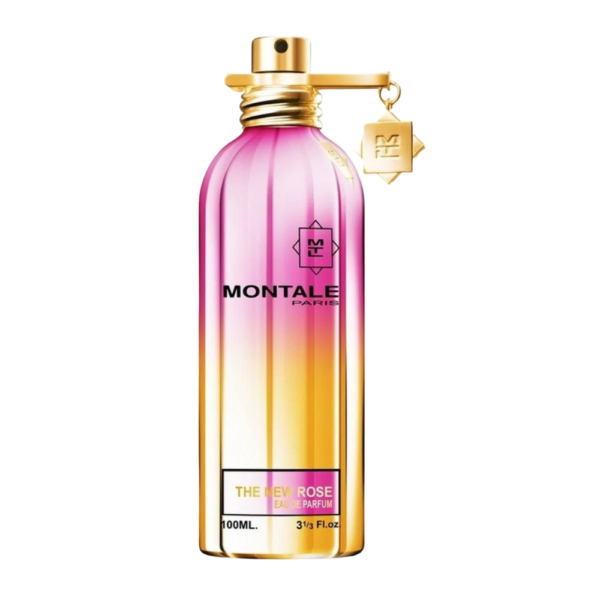 Montale The New Rose EDP 100ml bottle with a floral-inspired background, highlighting rose and peach notes.