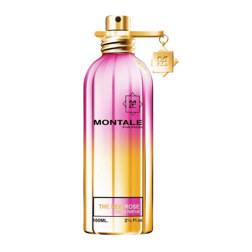 Montale The New Rose Edp 100Ml Bottle With A Floral-Inspired Background, Highlighting Rose And Peach Notes.