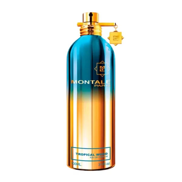 Montale Tropical Wood EDP Unisex 100ml bottle surrounded by a vibrant tropical background with passionfruit and floral elements.