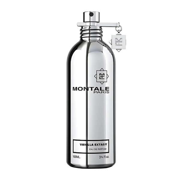 Montale Vanilla Extasy EDP 100ml bottle with a soft, floral background, highlighting vanilla and sandalwood notes.