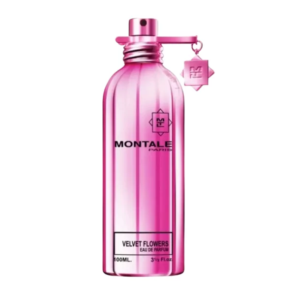 Montale Velvet Flowers EDP 100ml bottle with a soft floral background, highlighting peach blossom and rose notes.