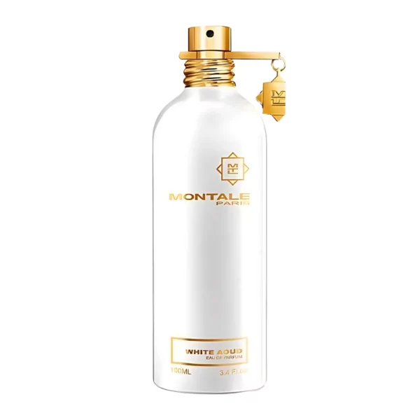 Montale White Aoud EDP 100ml bottle with a soft, floral background, highlighting rose and amber notes.