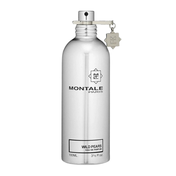 Montale Wild Pears EDP 100ml bottle with a fresh, fruity background, highlighting pear and musk notes.