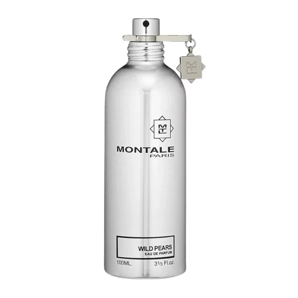 Montale Wild Pears EDP 100ml bottle with a fresh, fruity background, highlighting pear and musk notes.