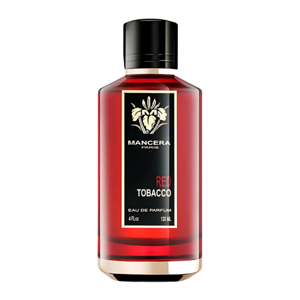 Mancera Red Tobacco EDP 120ml bottle with a warm, smoky background, highlighting tobacco and oud notes.