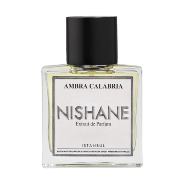 Nishane Ambra Calabria Extrait 50ml bottle with a fresh green background, showcasing its crisp and sweet aroma.