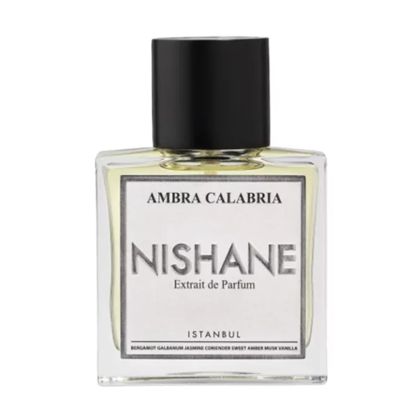 Nishane Ambra Calabria Extrait 50ml bottle with a fresh green background, showcasing its crisp and sweet aroma.