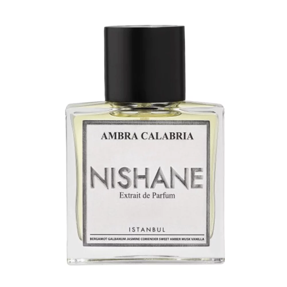 Nishane Ambra Calabria Extrait 50Ml Bottle With A Fresh Green Background, Showcasing Its Crisp And Sweet Aroma.