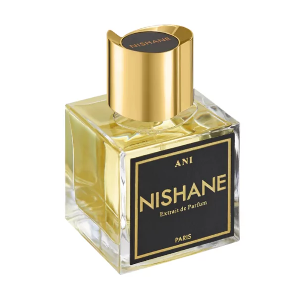 Nishane Ani Extrait de Parfum 100ml bottle on a luxurious background, highlighting notes of vanilla, Turkish rose, and patchouli.