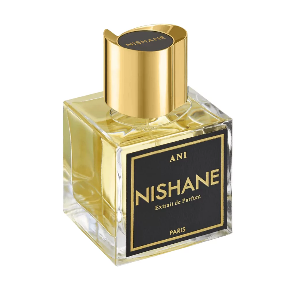 Nishane Ani Extrait De Parfum 100Ml Bottle On A Luxurious Background, Highlighting Notes Of Vanilla, Turkish Rose, And Patchouli.