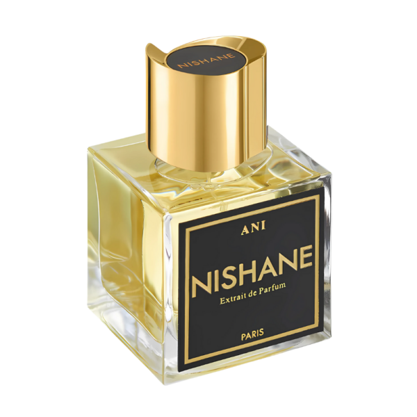 Nishane Ani Extrait de Parfum 50ml bottle on a luxurious background, showcasing notes of vanilla, Turkish rose, and cardamom.