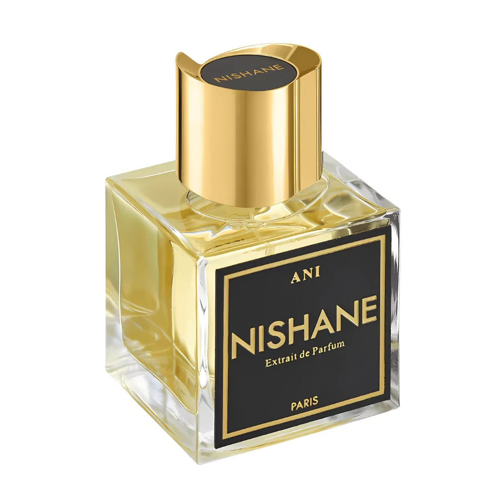 Nishane Ani Extrait De Parfum 50Ml Bottle On A Luxurious Background, Showcasing Notes Of Vanilla, Turkish Rose, And Cardamom.