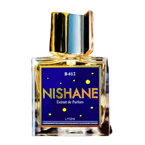 Nishane B-612 Extrait de Parfum 50ml bottle on a classic, elegant background, showcasing notes of lavender, musk, and oakmoss.