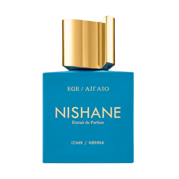 Nishane EGE Extrait 100ml bottle with a serene blue and green background, reflecting its aquatic and fresh aroma.