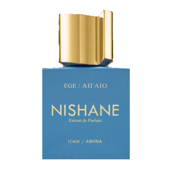 Nishane EGE Extrait de Parfum 50ml bottle on a breezy, coastal background, highlighting notes of yuzu, mint, and licorice.