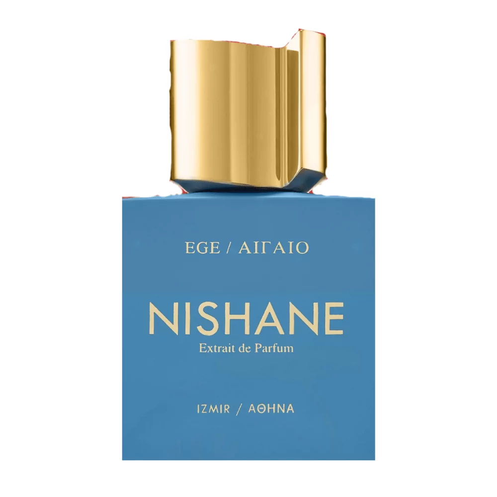 Nishane Ege Extrait De Parfum 50Ml Bottle On A Breezy, Coastal Background, Highlighting Notes Of Yuzu, Mint, And Licorice.