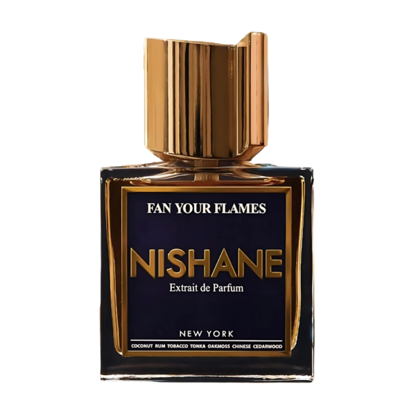 Nishane Fan Your Flames Extrait de Parfum 50ml bottle on a cozy background, emphasizing notes of coconut, rum, and tobacco.