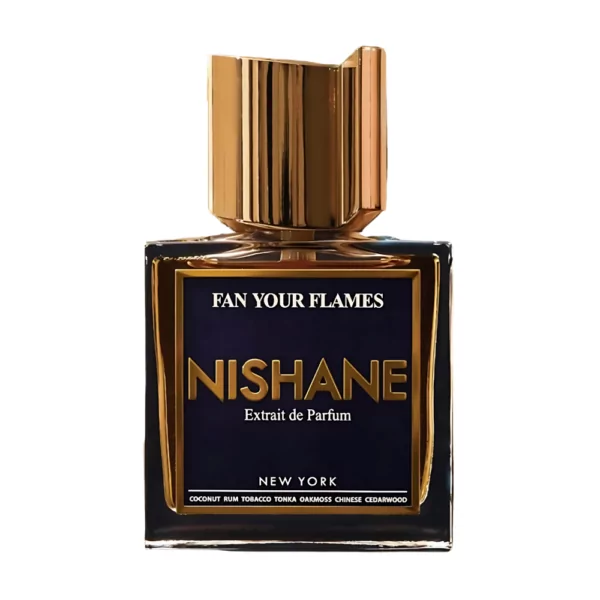 Nishane Fan Your Flames Extrait de Parfum 50ml bottle on a cozy background, emphasizing notes of coconut, rum, and tobacco.