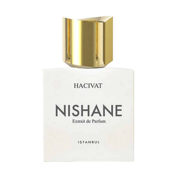 Nishane Hacivat Extrait 100ml bottle with a fresh, fruity background highlighting pineapple and oakmoss notes.