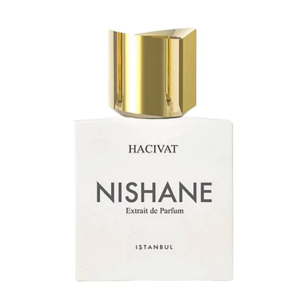 Nishane Hacivat Extrait 100ml bottle with a fresh, fruity background highlighting pineapple and oakmoss notes.