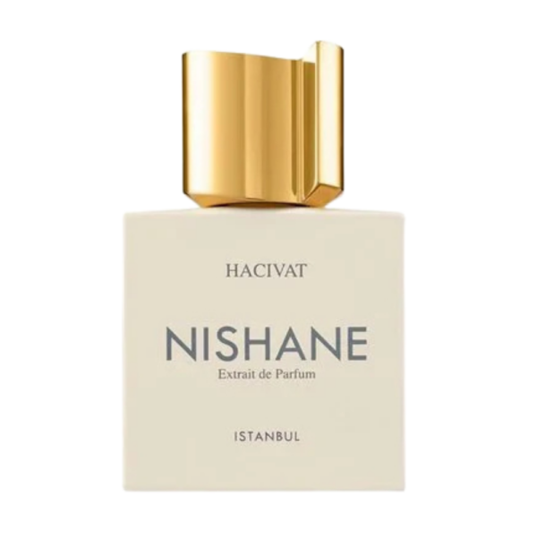 Nishane Hacivat Extrait de Parfum 50ml bottle on a minimalist background, highlighting notes of pineapple, bergamot, and oakmoss.